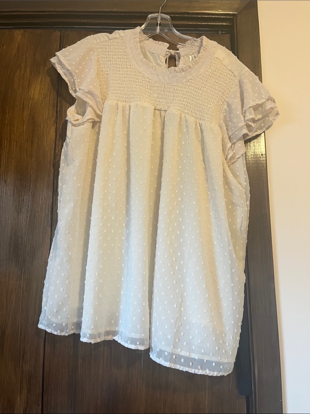 Ivory Swiss Dot Smocked Short Sleeve Blouse-new without tags